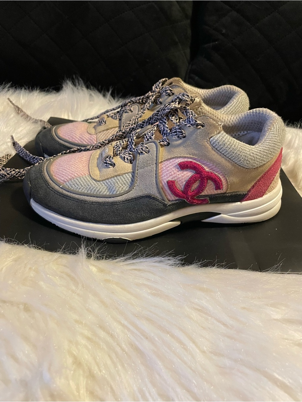 Authentic CHANEL Multicolor Pink & Gray Logo Sneakers